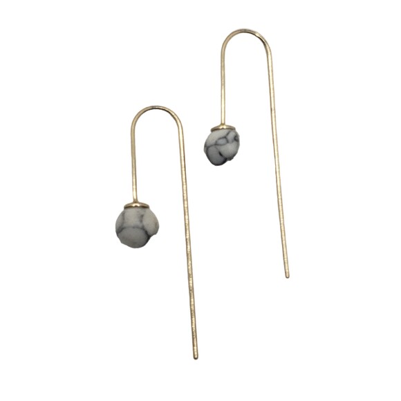 Gold Tone Drop White Howlite Ball Pierced Earrings - Picture 7 of 8